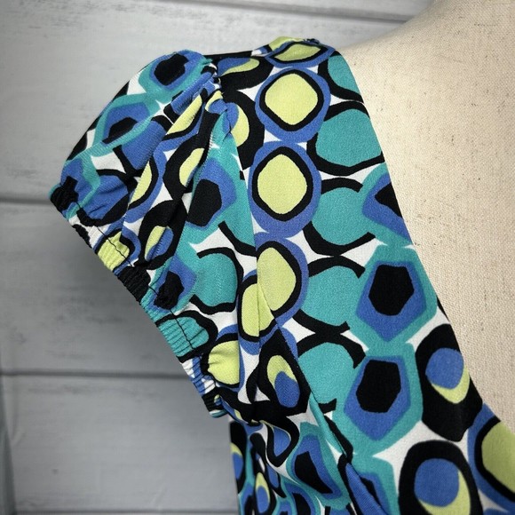 AGB Shift Dress Short Sleeve Lined Geometrical Circle Blue Yellow Size 12 Petite - Picture 7 of 12